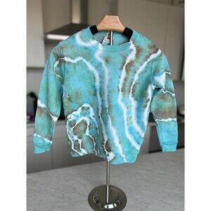 Youth Small Aqua & Tan Geode Tie Dye Pullover, Hand Dyed Cozy Sweater